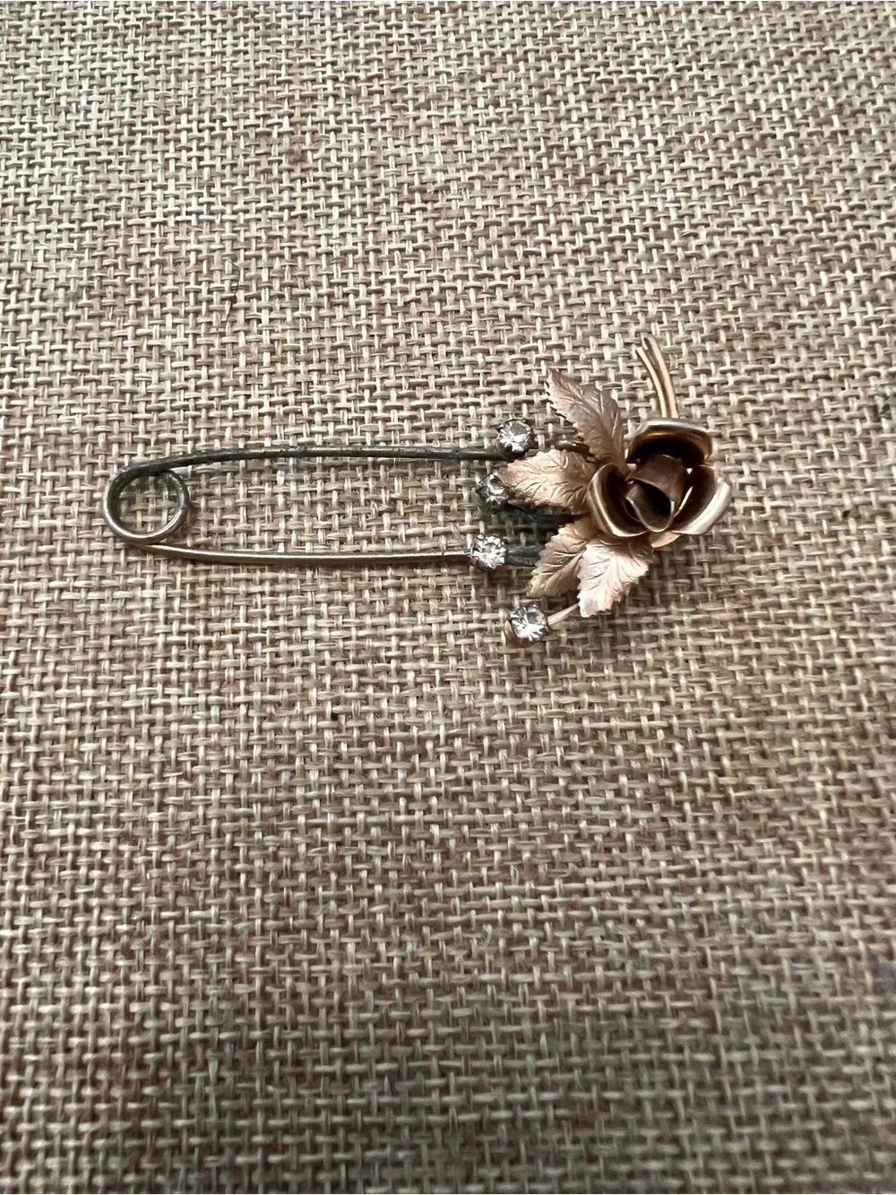 Vintage Gold-Tone Rose Safety Pin Brooch with Crystal Accents